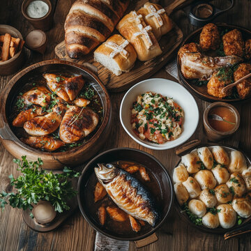 A Sacred Feast: Traditional Good Friday Meal with Fish and Herbs, roasted chicken with potatoes and mushrooms