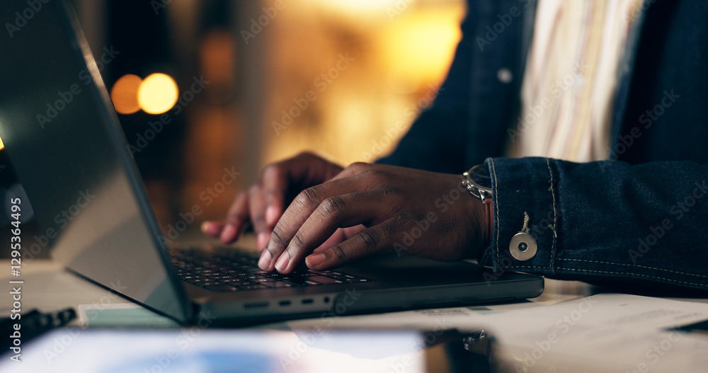 Poster Black man, laptop and working at night in office with business analytics or website with technology. Digital, planning or accounting with broker for overtime on internet or searching app with trader.