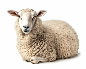 Fototapeta premium Isolated portrait of a fluffy white sheep resting peacefully against a clean, white background, its woolly coat adding texture and depth to the serene composition