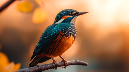 Vibrant Kingfisher Bird Perched on a Branch Against a Colorful Sunset Background