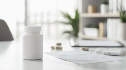 Obesity drug bottle with medical documents on a clean desk. Featuring health solutions for weight management
