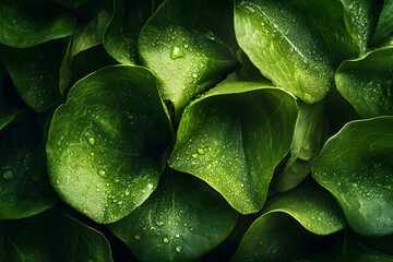 Fototapeta premium Lush green leaves glistening with fresh raindrops create an enchanting natural scene, perfect for showcasing the beauty and purity of the environment, suitable for backgrounds