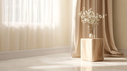 A Vase Of Flowers Sits On A Wood Block
