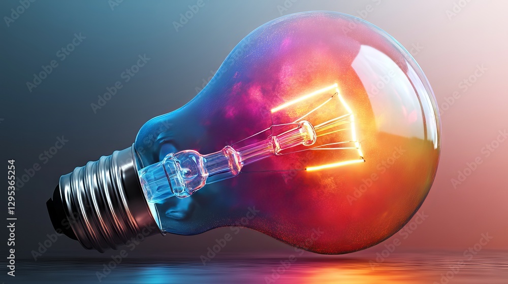 Poster colorful glowing idea bulb lamp: isolated design element on transparent background symbolizing brain
