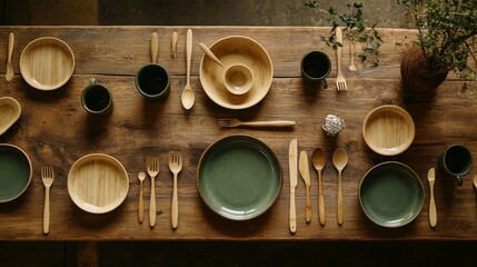 112.A top-down view of eco-friendly tableware, featuring bamboo and bagasse utensils, plates, bowls, and cups, neatly placed on a wooden table, with ample space for an earth-conscious message about