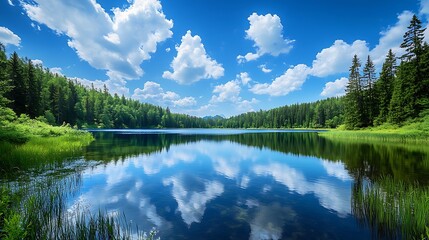 Fototapeta premium Serene Alpine Lake Reflection: A Picturesque Summer Day in the Mountains