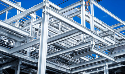 Steel structure construction, modern architecture, beams, framework, building, engineering, industry.