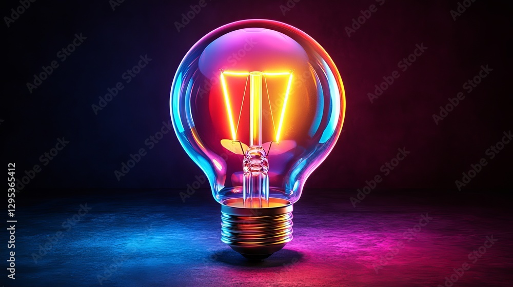 Poster colorful glowing idea bulb lamp: isolated design element on transparent background symbolizing brain