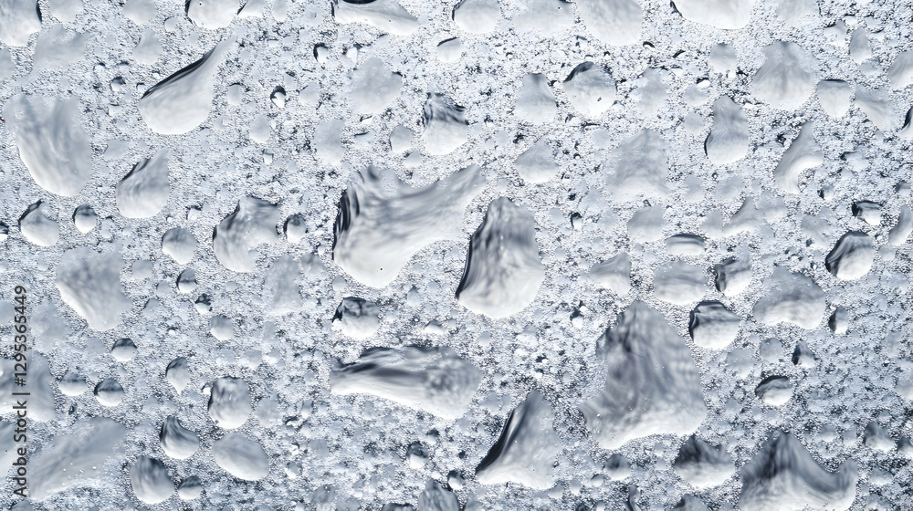 Poster macro photograph showcasing water droplets on a transparent surface, revealing intricate patterns an