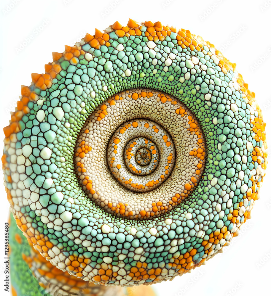 Poster macro photograph of a vibrant chameleon tail displaying intricate scale patterns and a striking circ