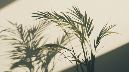Fototapeta premium Plant casting shadows on a white wall indoors peacefully