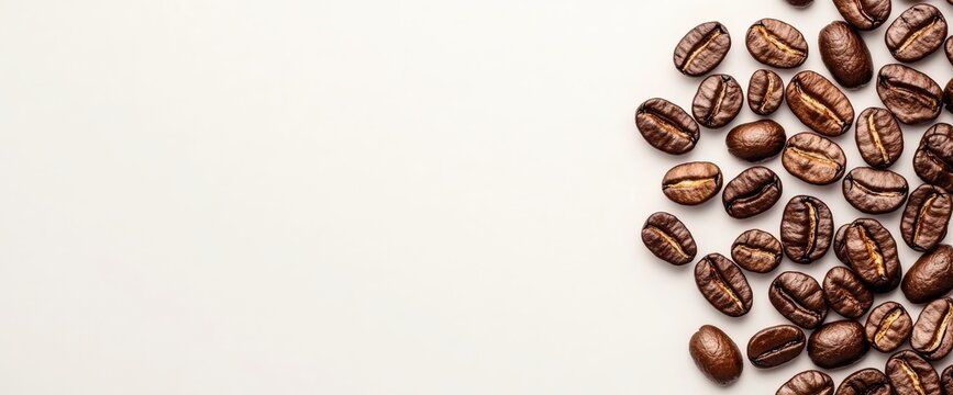 Close-up of fresh coffee beans spread out on a surface highlighting their rich color and texture