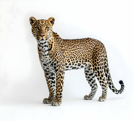 Fototapeta premium Magnificent Leopard Portrait on White Background Captivating Feline Beauty with Detailed Spots and Striking Gaze for Wildlife Enthusiasts and Animal Lovers