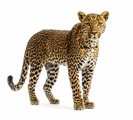 Obraz premium Magnificent Leopard Portrait, Standing Proudly Against a Pristine White Background, Showcasing its Stunning Spotted Coat and Intense Gaze in Exceptional Detail