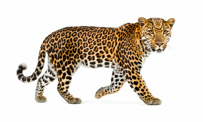 Obraz premium Magnificent Leopard Striding Confidently, A Captivating Studio Shot Showcasing the Grace and Power of this Majestic Wild Cat in Striking Detail Against a White Background