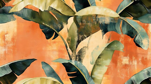 Oversized banana leaves painted in an oil-textured style, earthy tones of olive, sand, and terracotta blending harmoniously, soft light and intricate textures evoking a tropical and natural feel.