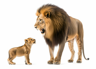Fototapeta premium Magnificent Male Lion and Adorable Cub Communicating on a Seamless White Background, Showcasing Power and Gentleness of Wildlife