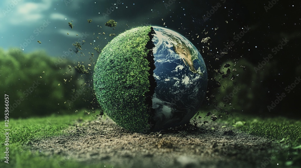 Poster the earth split with a green vegetation side and another side showing the continents with debris fly
