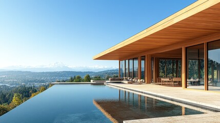 Modern wooden home overlooking pool and valley