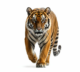 Obraz premium Majestic Bengal Tiger Strolling Forward with Confidence Against a Plain White Background, Showcasing its Striking Orange and Black Striped Fur in a Studio Shot