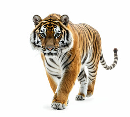 Obraz premium Majestic Bengal Tiger Strolling, A High-Resolution Isolated Portrait on White Background Showcasing Grace and Power of Wildlife for Various Creative Applications