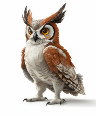 Obraz premium Majestic Great Horned Owl Portrait with Detailed Feathers and Intense Gaze, standing proud against a clean white background in High Definition style rendering