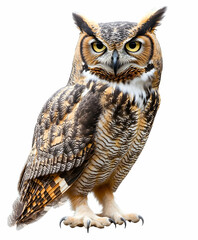 Obraz premium Majestic Great Horned Owl Isolated on White Background, showcasing its striking plumage and piercing gaze in a captivating wildlife portrait of avian beauty