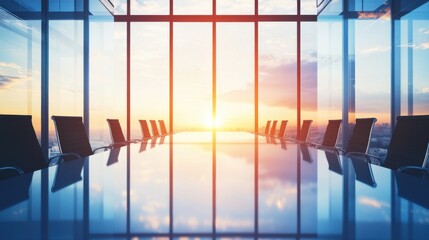 Executive departures with an office building with windows showing a sunset. Featuring leadership exit and reflection