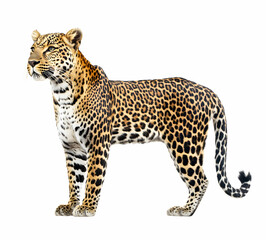 Obraz premium Majestic Leopard Portrait, A Captivating Gaze of an African Predator Standing Tall Against a Clean White Backdrop in Stunning Detail