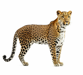 Naklejka premium Majestic Leopard Portrait, A Striking Studio Shot Showcasing the Beauty and Power of a Wild Cat Against a Clean White Background for Editorial Use