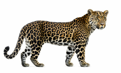 Fototapeta premium Majestic Leopard Standing Proudly on a White Backdrop Showcasing its Beautiful Spotted Coat and Intense Gaze in a Studio Shot, Perfect for Wildlife Enthusiasts