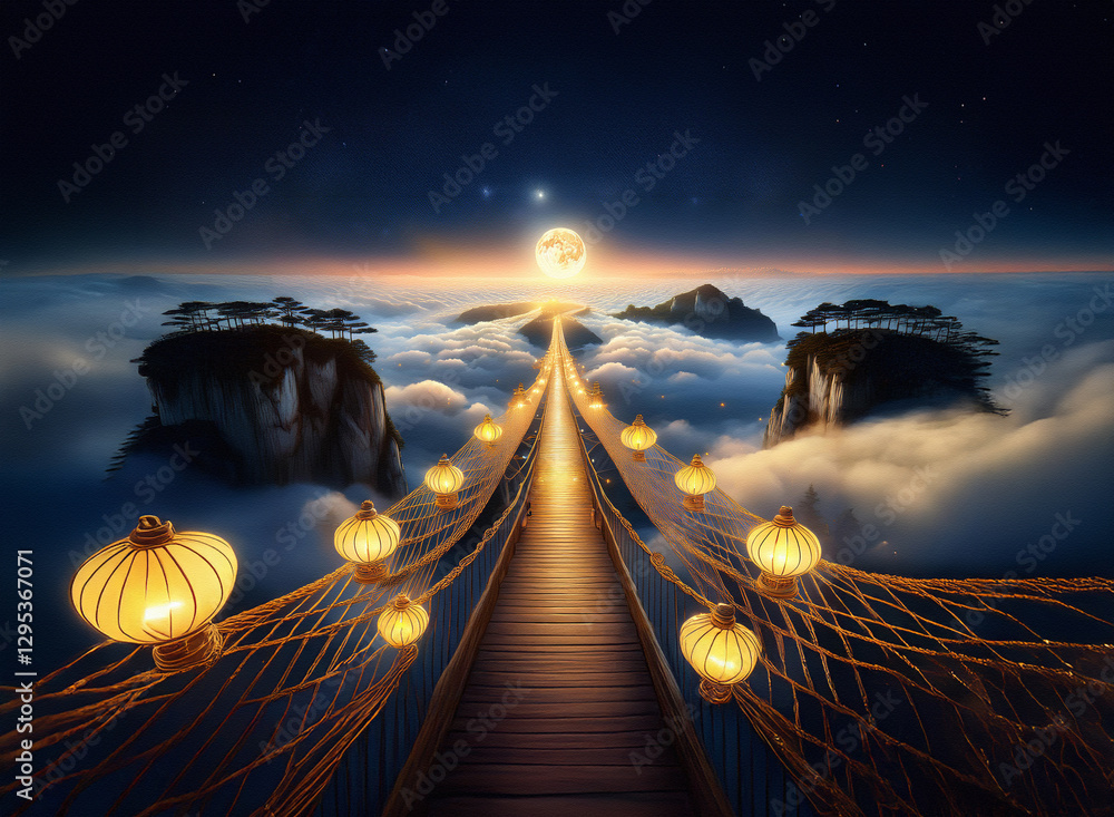 Aufkleber a bridge illuminated by lanterns stretches into a moonlit background above clouds and mountains in a