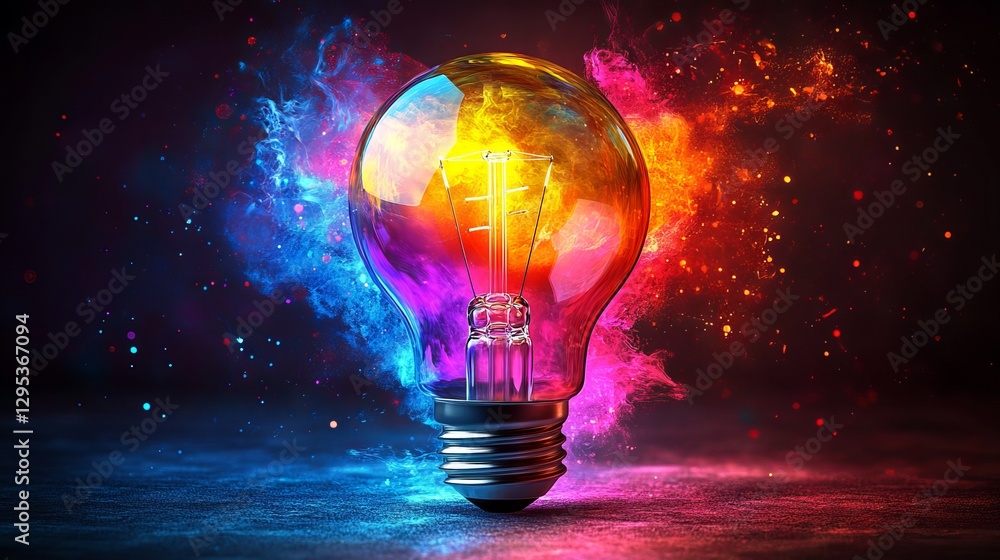 Poster colorful glowing idea bulb lamp: isolated design element on transparent background symbolizing brain
