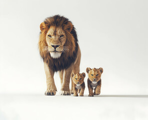 Obraz premium Majestic Lion and Cubs, A Heartwarming Family Portrait Showcasing the Strength, Love, and Protective Bond Within a Lion Pride on Isolated White Background