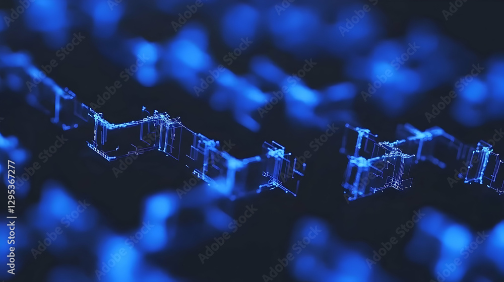 Poster abstract digital blueprint; glowing blue lines forming complex 3d structures on dark background, per