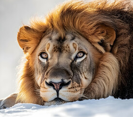Naklejka premium Majestic Lion Portrait in Winter Snow, Captivating Close-Up of Wild Animal with Intense Gaze and Golden Mane in Pristine Natural Habitat