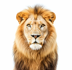 Fototapeta premium Majestic Lion Portrait, A Captivating Close-Up of the King of the Jungle with Intense Eyes and Golden Mane Set Against a Clean White Background