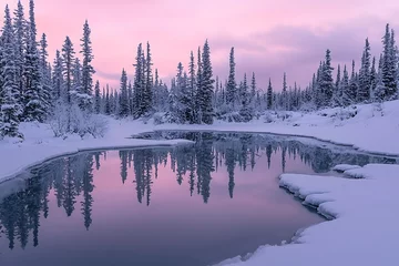 Plexiglas schilderij Mistig bos A tranquil winter lake surrounded by frost-covered trees under a soft pink dawn sky  © Zri