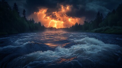 Fototapeta premium Stormy River, Lightning Strikes, Forest, Night, Nature
