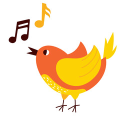 Cute cartoon style bird is singing. Music notes. Vector flat illustration