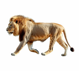 Fototapeta premium Majestic Lion Striding Confidently, A Striking Portrait of the King of the Jungle in Motion against a Clean White Background, Ideal for Wildlife and Conservation Projects