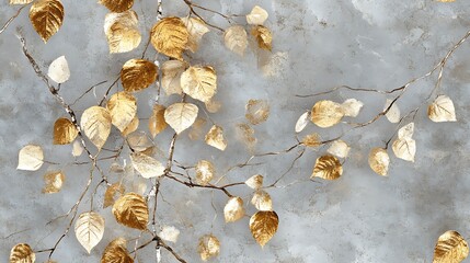 Fototapeta premium White and gold birch leaves forming an abstract design, intricate bark-like textures with subtle metallic reflections, blending earthy and opulent aesthetics, set on a neutral gray background,