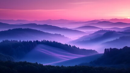 Fototapeta premium A beautiful purple landscape depicts rolling hills and mountains at sunset