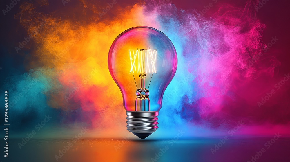 Poster colorful glowing idea bulb lamp: isolated design element on transparent background symbolizing brain