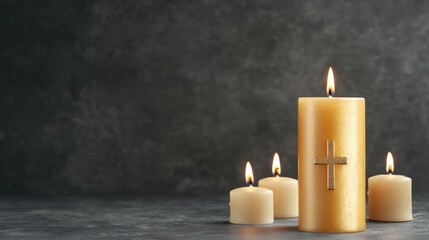 A serene composition featuring lit candles with a cross design, set against a dark background, evoking a peaceful and spiritual ambiance.