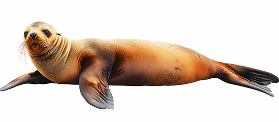 Majestic Sea Lion basking under the Sun, showcasing its elegant physique and highlighting the beauty of marine wildlife against a plain white backdrop