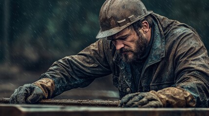 Obraz premium A Muddied Worker Repairs Metal In The Rain