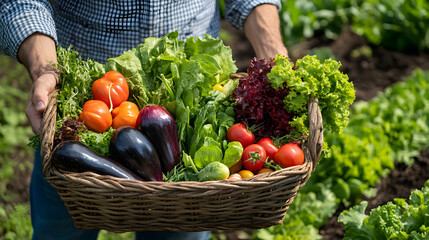 A man holding a basket of fresh vegetables and fruits