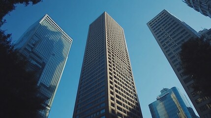 Fototapeta premium Urban Architecture: Low Angle View of Three Modern Skyscrapers against a Clear Blue Sky