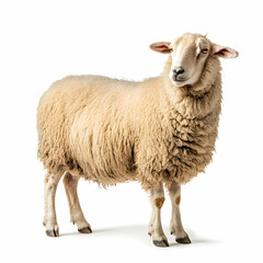 Obraz premium Majestic Sheep Portrait, A Full-Body View of a Cream-Colored Farm Animal with Thick Wool on a Clean White Background, Perfect for Agricultural and Livestock Themes